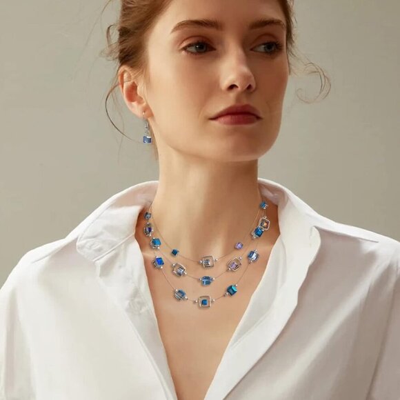 Layered Silver Beaded Necklace for Women Square Crystal Beads Statement Collar N - Picture 3 of 6